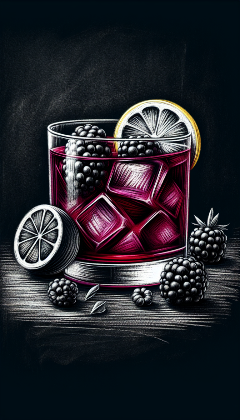 Ein Bramble mit Brombeeren und Zitronenscheibe im rocks glass, illustriert als Kreidezeichnung auf schwarzem Hintergrund.