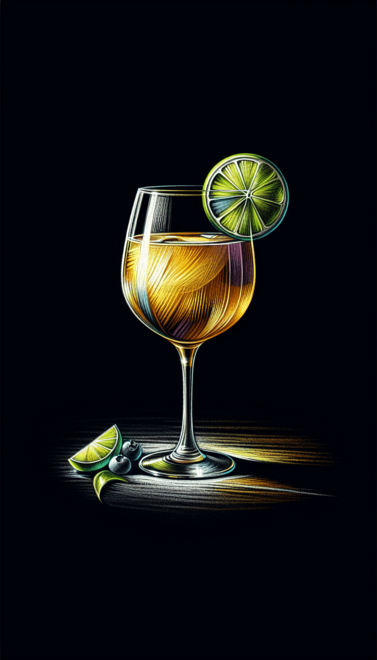 Ein London Mule mit Limette, optional Blaubeeren und Zitronenscheibe im large wine glass, illustriert als Kreidezeichnung auf schwarzem Hintergrund.