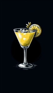 Ein Lonkero im Highball-Glas mit Zitronenscheibe, illustriert auf schwarzem Hintergrund.