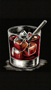 Ein New York Sour im Rocks-Glas mit roter Weinschicht, illustriert auf schwarzem Hintergrund.