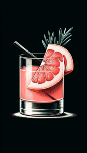 Ein Palomonic mit Grapefruitscheibe oder Rosmarinzweig im highball glass, illustriert als Kreidezeichnung auf schwarzem Hintergrund.