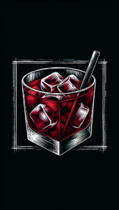 Ein Patron Pomegranate im Rocks-Glas, illustriert auf schwarzem Hintergrund.