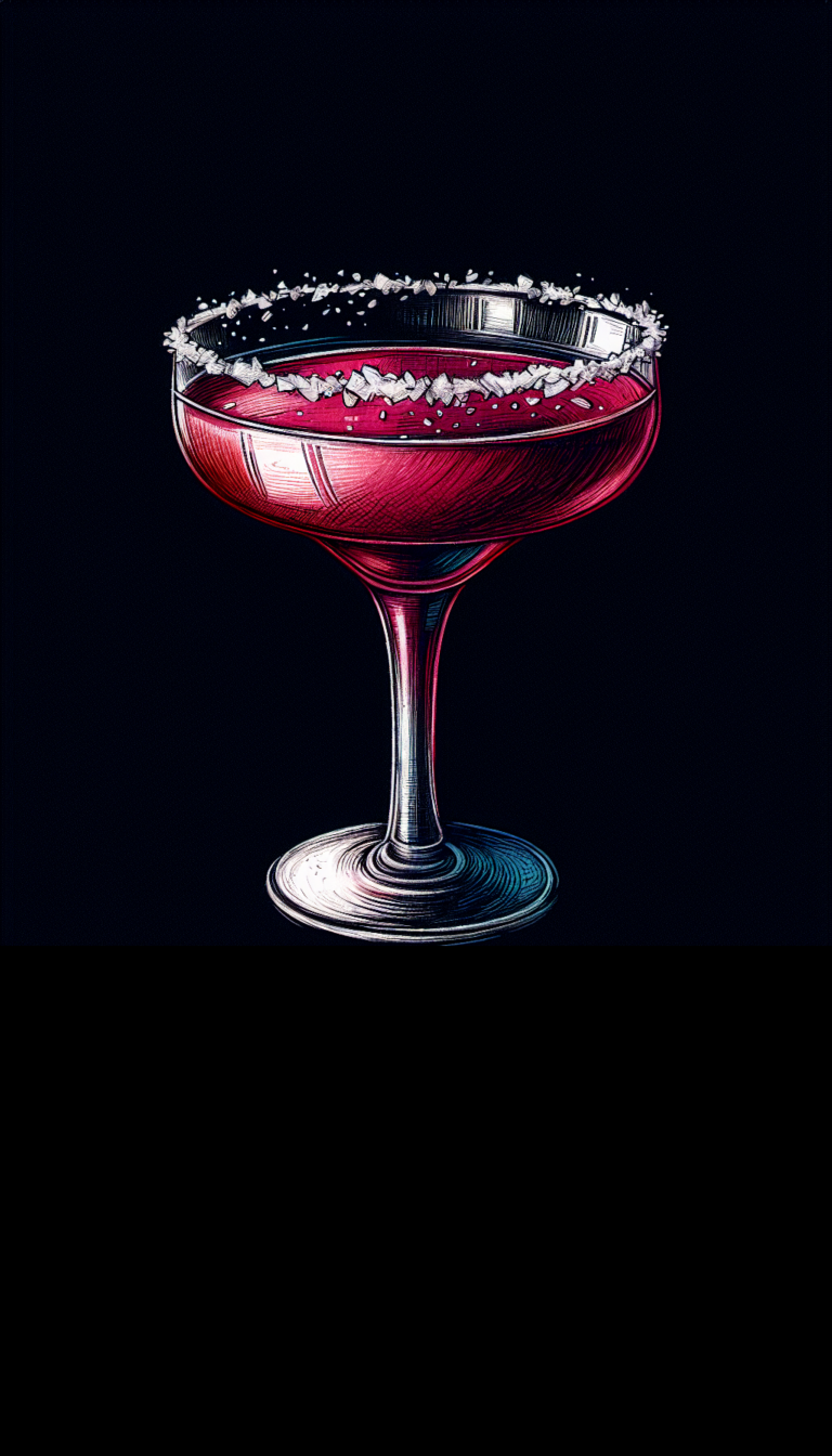 Eine Spicy Watermelon Margarita im Glas mit Salzrand, illustriert auf schwarzem Hintergrund.