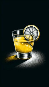 Ein Züri-Spritz mit Zitronenscheibe im Spritz-Glas, illustriert als Kreidezeichnung auf schwarzem Hintergrund.