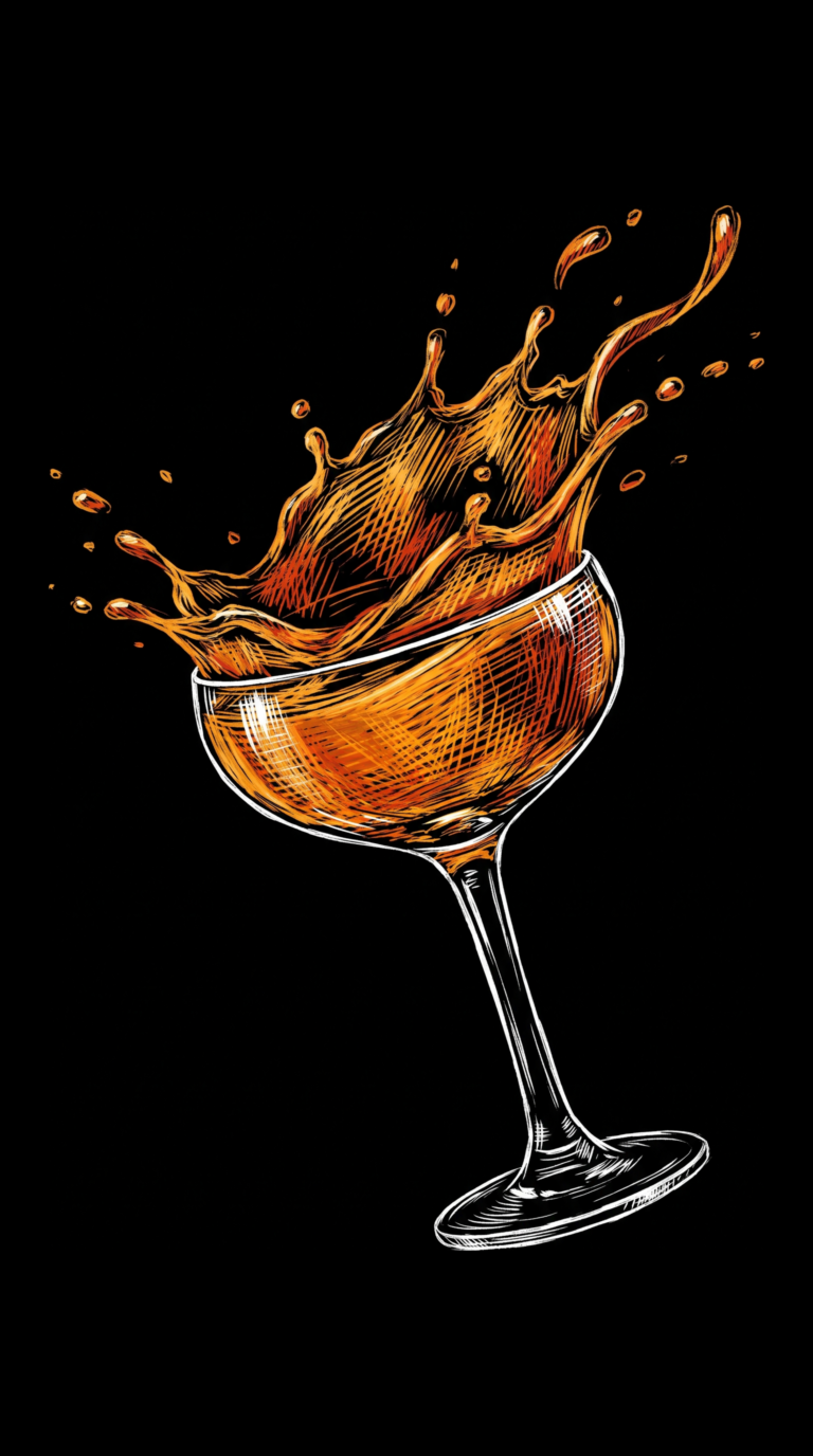 Ein 1829 im Cocktailglas, illustriert als dynamische Scratchboard-Zeichnung auf schwarzem Hintergrund.