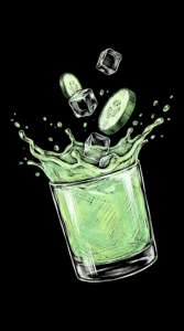 Ein Eastern Standard mit Tequila mit Gurkenscheibe im Rocks-Glas, illustriert als dynamische Scratchboard-Zeichnung auf schwarzem Hintergrund.