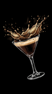 Ein Espresso 43 im Martiniglas, illustriert als dynamische Scratchboard-Zeichnung auf schwarzem Hintergrund.