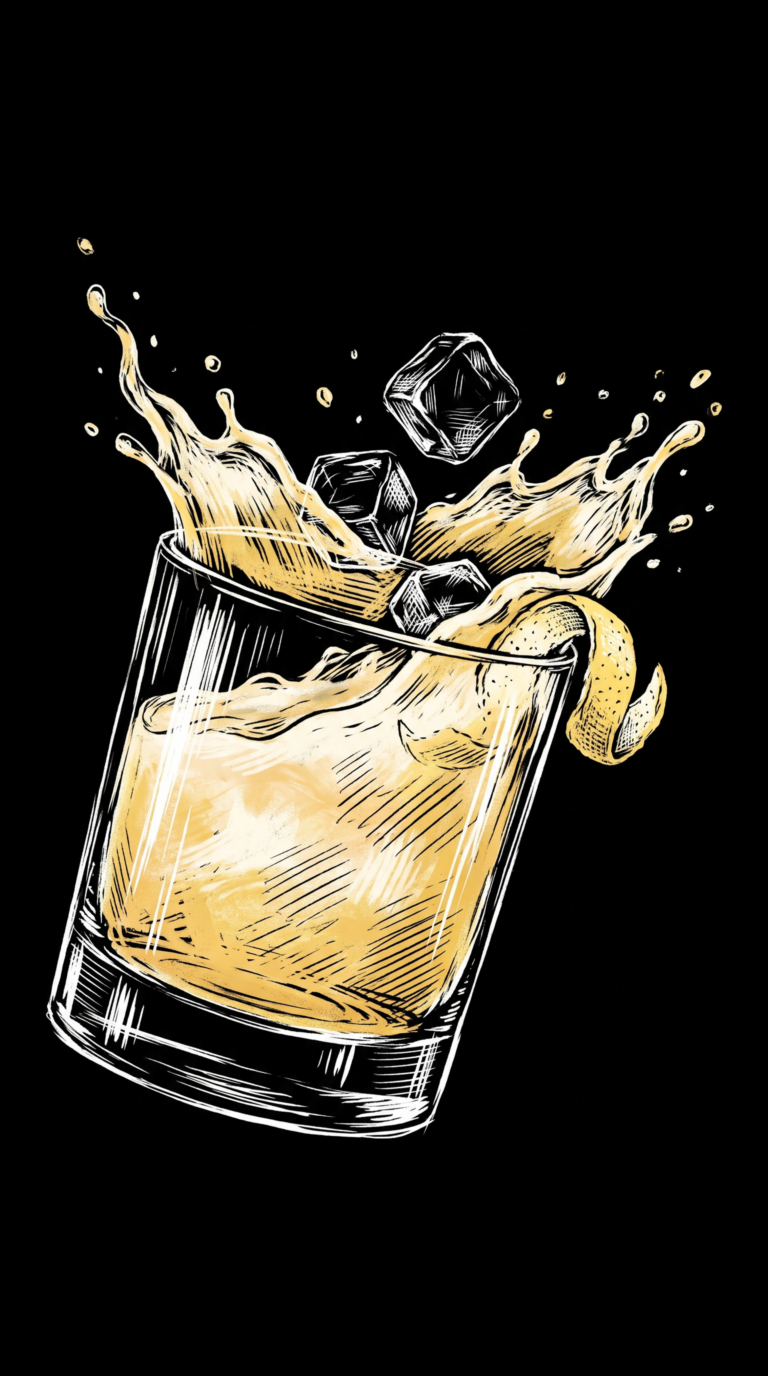 Ein Hair of the Dog im Rocks-Glas, illustriert als dynamische Scratchboard-Zeichnung auf schwarzem Hintergrund.