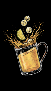 Ein Ingwer Mule mit Limettenscheibe im Kupferbecher, illustriert als dynamische Scratchboard-Zeichnung auf schwarzem Hintergrund.