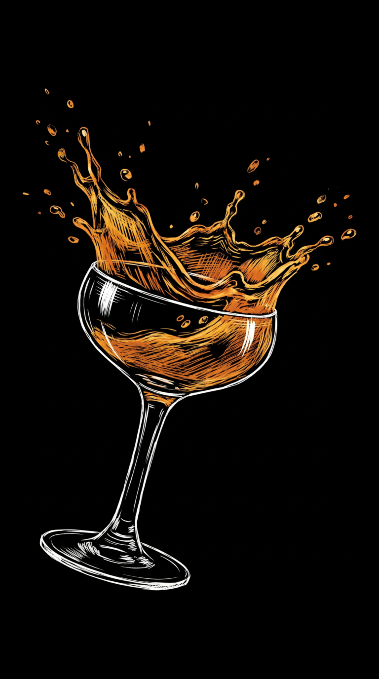 Ein Paper Plane im Cocktail-Glas, illustriert als dynamische Scratchboard-Zeichnung auf schwarzem Hintergrund.