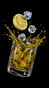 Ein Spicy Mexican Mule mit Zitronenscheibe im Tumbler-Glas, illustriert als dynamische Scratchboard-Zeichnung auf schwarzem Hintergrund.
