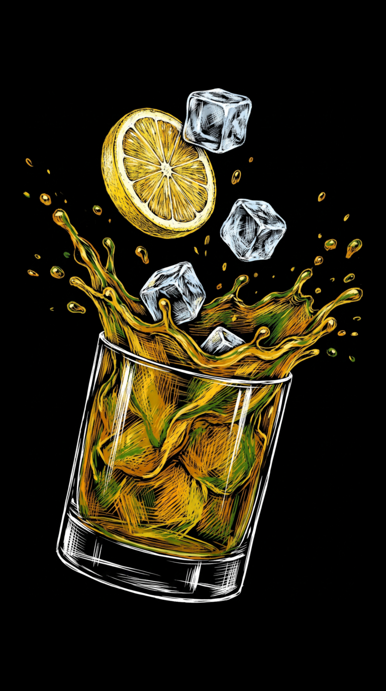 Ein Spicy Mexican Mule mit Zitronenscheibe im Tumbler-Glas, illustriert als dynamische Scratchboard-Zeichnung auf schwarzem Hintergrund.