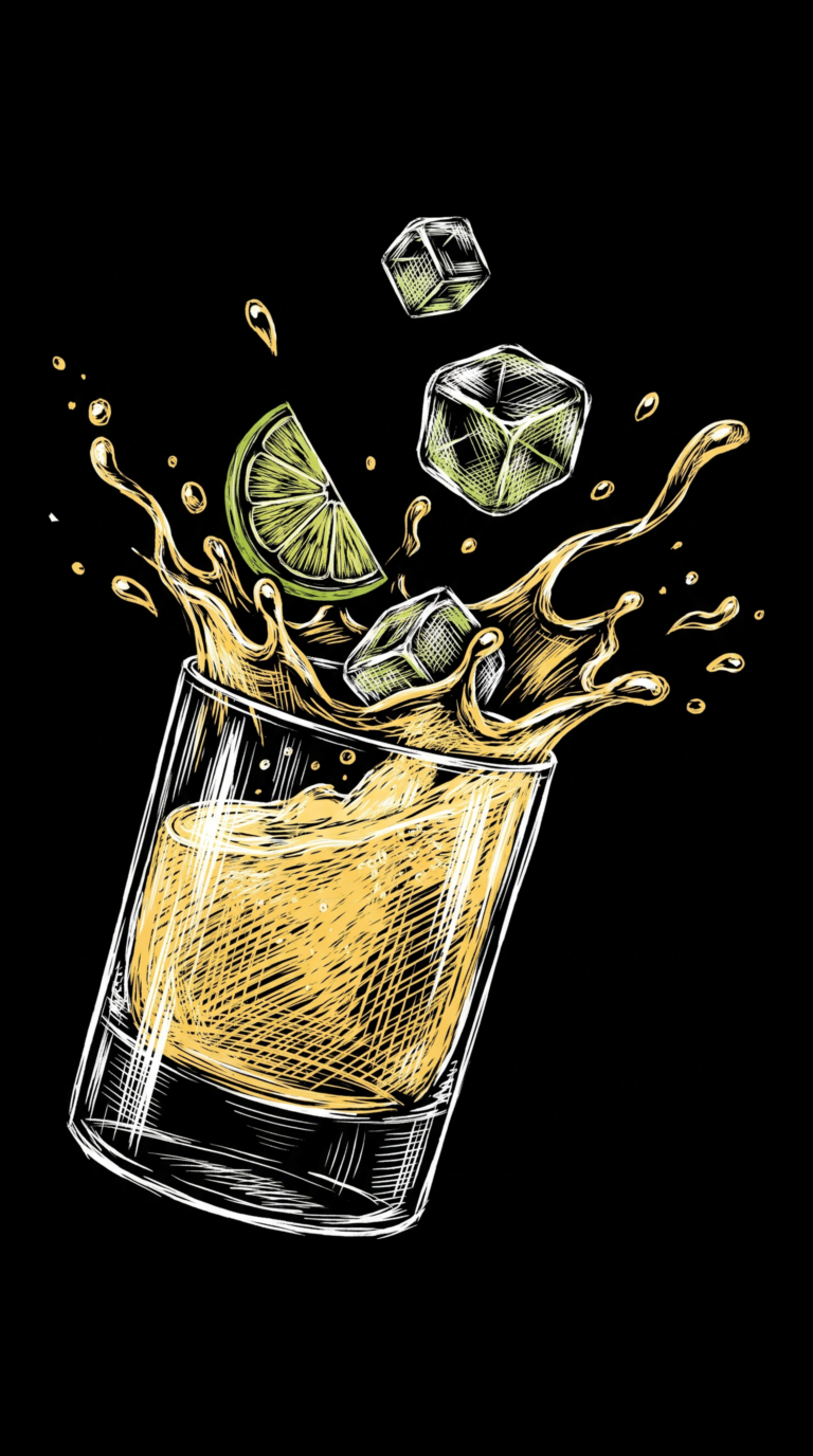 Ein Tequila Slammer mit Limettenscheibe im Rocks-Glas, illustriert als dynamische Scratchboard-Zeichnung auf schwarzem Hintergrund.