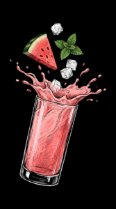 Ein Watermelon Mojito mit Minzblatt, Melonenstück im Highball-Glas, illustriert als dynamische Scratchboard-Zeichnung auf schwarzem Hintergrund.