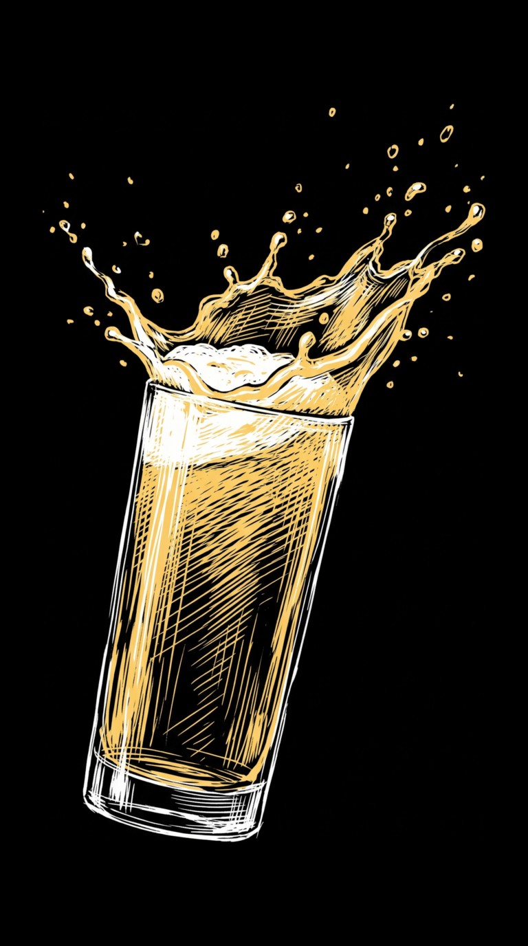 Ein Weißbier Sour mit Gin im Highball-Glas, illustriert als dynamische Scratchboard-Zeichnung auf schwarzem Hintergrund.